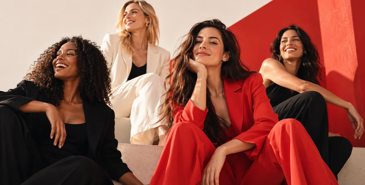 Four confident women in tailored black, cream and red suits seated together on sunlit steps