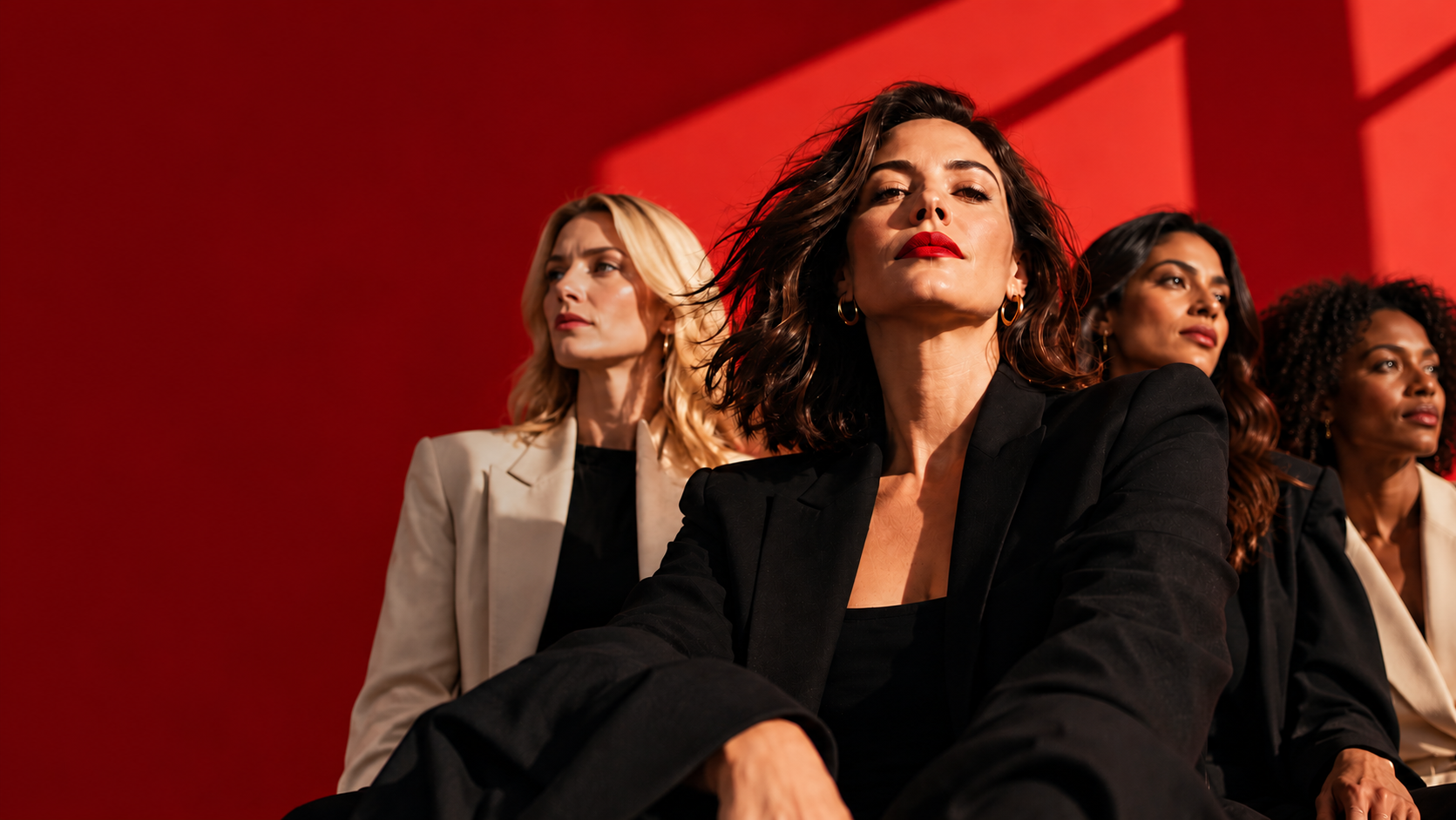 Four women in black and cream tailored clothing, posed together against a red backdrop marked by strong sunlight and window shadows